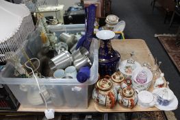 A box and tray of Oriental china and glass ware, glass bells, fur wrap, frameless mirror,