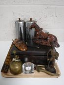 A tray containing Picquot ware and other teapots, vintage cash box, wooden rulers, oil can,