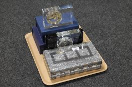 Two contemporary glass mantel clocks in boxes together with an Indian trinket box in the form of