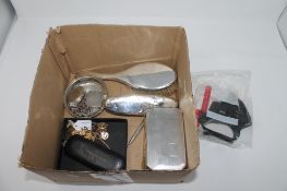 A collection of silver mounted dressing table pieces, silver jewellery, dish stamped 800,