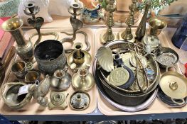 Two trays of assorted brass ware including censor, candlesticks, horse brasses,