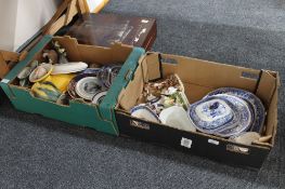 Two boxes containing late nineteenth century blue and white willow patterned ashets and terrines,