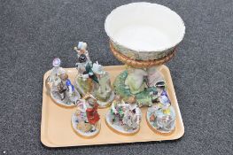 A tray of five continental china figure groups together with an Italian china comport