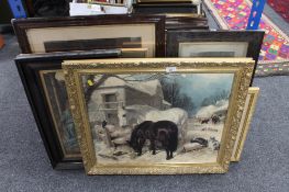 A mahogany framed colour print - Man with horse together with five other framed pictures