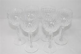 A set of six Waterford Crystal wine glasses, height 19 cm.