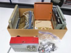 A box containing assorted radio valves, two valve radios Sky Countess and Pye,