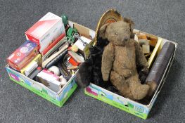 Two boxes of Victorian photograph album, Mid twentieth century teddy bear, Ostrich egg, shaving set,