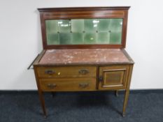 A Victorian inlaid mahogany tiled backed washstand (0dd marble)