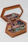 A box of costume jewellery, snuff box,
