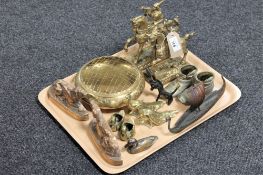 A tray of brass and metal ware, dog door stops, brass peacocks,