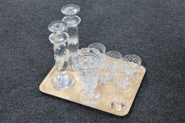 A tray of assorted crystal - pair of candle holders, six grapefruit dishes,
