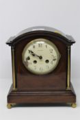 An Edwardian inlaid mahogany mantle clock by R Stewart of Glasgow, height 25 cm.