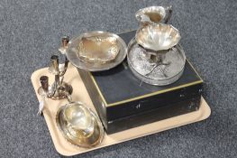 A tray of twentieth century plated wares including Arthur Price Sovereign collection comport,
