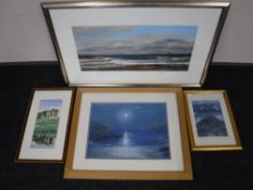 Four framed pictures, to include a Robert Turnbull signed print, Bamburgh Beach and Holy Island,