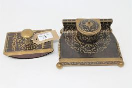 A Victorian style inlaid rosewood and brass mounted ink stand with blotter.