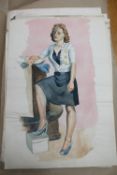 John Armstrong : Full length portrait of a lady posing at a bar, watercolour, 55 cm x 38 cm,