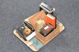 A tray of vintage shavers and hair dryer, box of dominoes, travel iron,