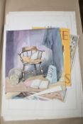 John Armstrong : Still life with an electric heater and an empty armchair, watercolour, signed,