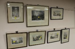Seven framed coloured engravings depicting Newcastle and the North East.