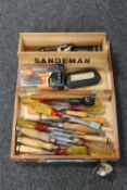 A wooden box containing wood working chisels, 9 in 1 screw driver set,