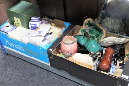 Two boxes of Ringtons china, tea china, preserve pot, Wedgwood leaf plate,