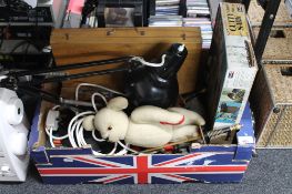 A box of mid twentieth century angle poise lamp, board games, Revell modelling kit,