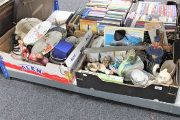 Two boxes of china, decanters,