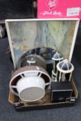 A box of circular frameless mirror, mid twentieth century Morphy Richards fan heater, framed print,