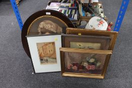Six framed pictures to include an oil on canvas - Still life, oil on board - Watermill,