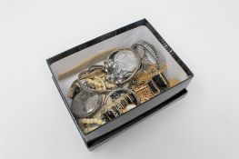 A box of wrist watches, costume jewellery,