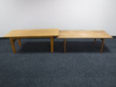 Two rectangular continental oak coffee tables