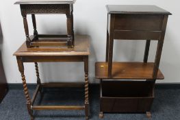 An oak barley twist occasional table together with an oak sewing box,