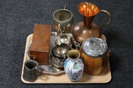A tray containing cloisonne vase, assorted plated wares, treen biscuit barrel,