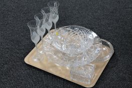 A tray of crystal and glass, comport, bowls, cigarette box,