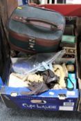 A box of vintage lady's gloves, hand brushes, perfumes, glasses,