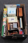 A box of Linke model building system, assorted pens, dominoes,