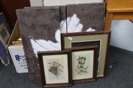 A triple section wall canvas together with three framed prints