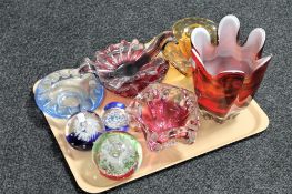 A tray of six studio glass vases and bowls together with three glass paperweights