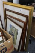 Six framed pictures to include two A Stewart watercolours, mahogany framed print depicting York,