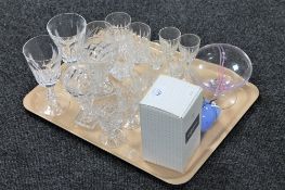 A tray of assorted drinking glasses, Caithness glass bowl,