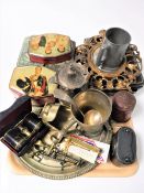 A tray containing vintage commemorative tins, set of cased brass and tortoiseshell opera glasses,