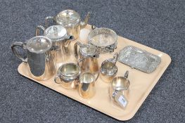 A tray of assorted plated wares, teapots,