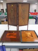 A Victorian inlaid mahogany miniature folding two way screen together with two framed marquetry