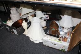 Two boxes of table lamps, West German vase, blue and white china,