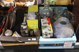 Two boxes of metal ware, soda siphon, glass ware,