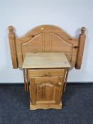 A pine bedside cabinet fitted with a drawer together with a pine 3' headboard