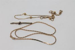 Two 9ct gold necklaces together with a 9ct gold bar brooch, 11.6g.