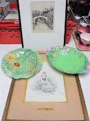 A Maling shallow bowl decorated with flowers, together with a Spode china plate,