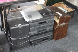A Sony hifi system with speakers together with a wooden case containing 78's