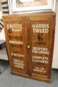 An early twentieth century oak cabinet with sign writing advertising,